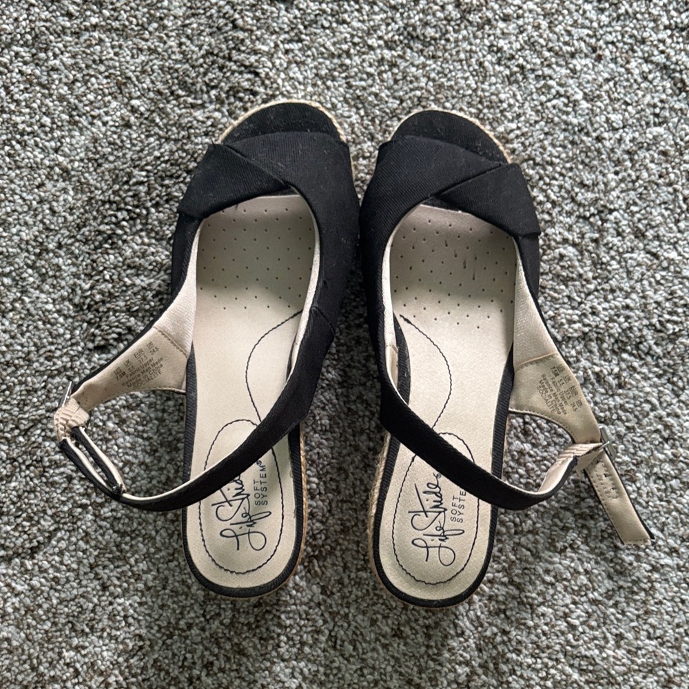 Life Stride Black and Cream Wedge Sandals
